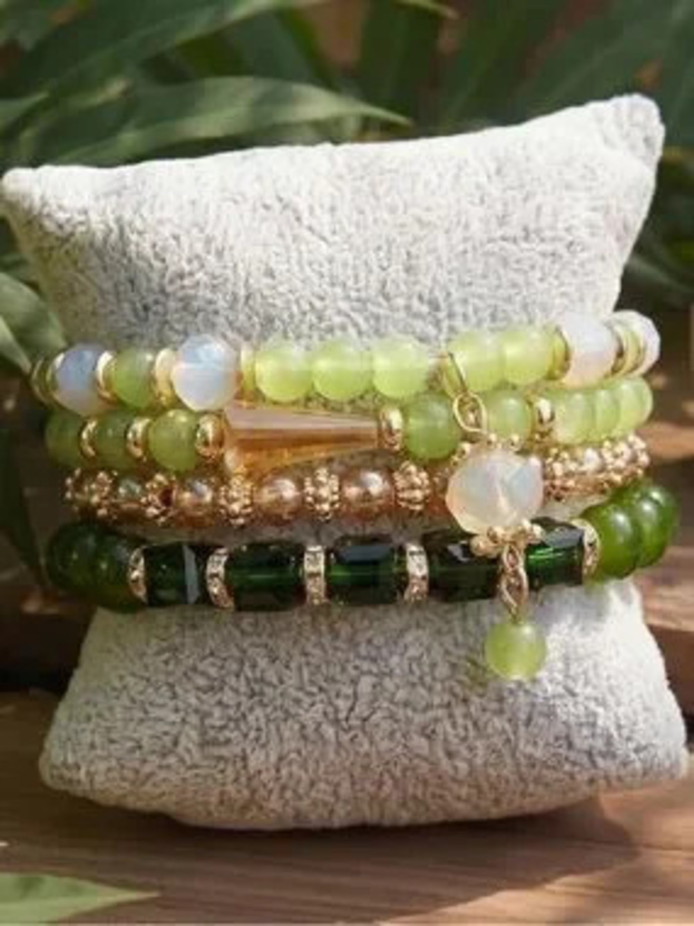 Anthropologie Green and Gold Stacked Bead Bracelet Set